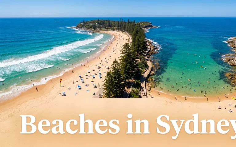 Aerial view of Manly and Shelly Beach in Sydney Australia with text Beaches in Sydney.