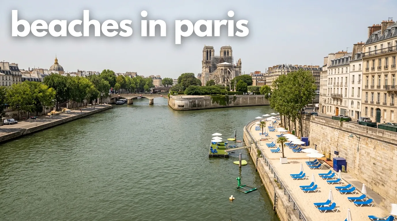 Aerial view of Paris Plages artificial sand beach on the Seine, titled beaches in paris guide.