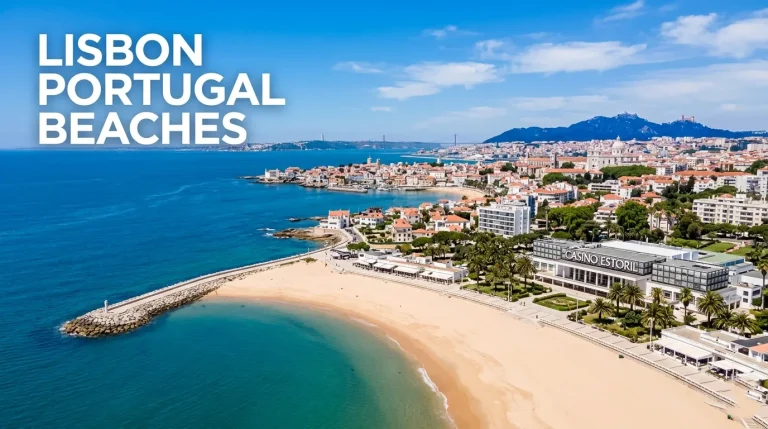 Aerial view of Praia de Tamariz and Estoril coastline, titled lisbon portugal beaches guide.