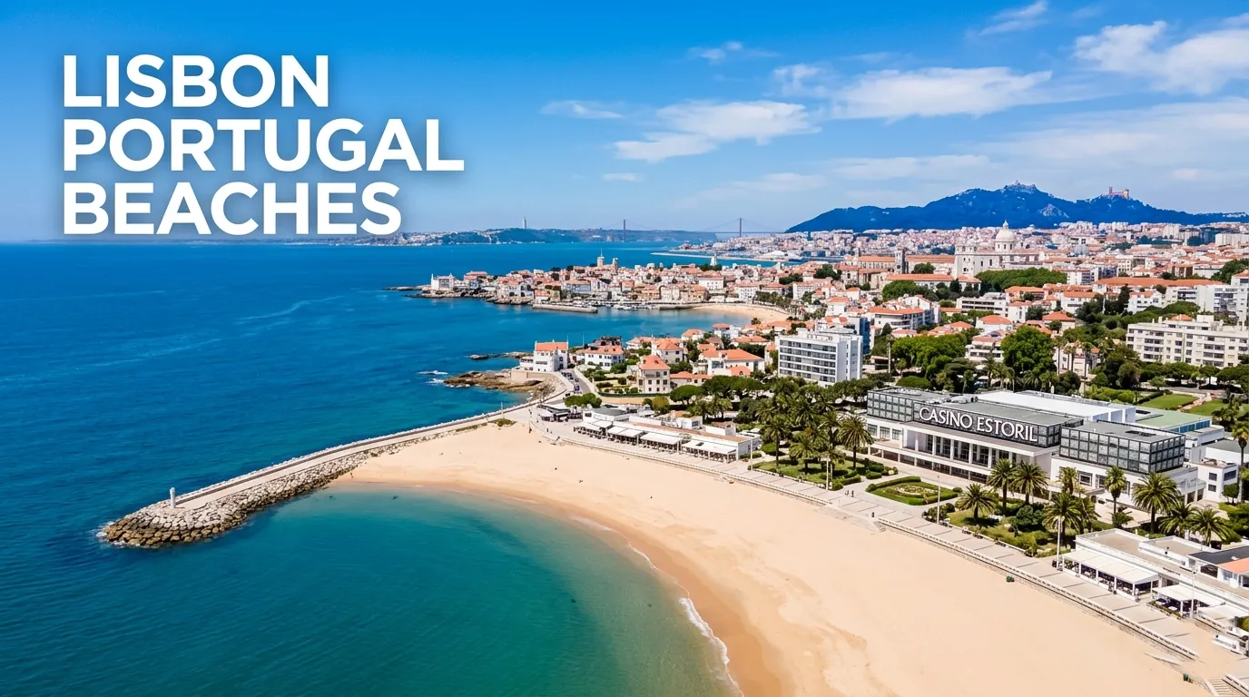 Aerial view of Praia de Tamariz and Estoril coastline, titled lisbon portugal beaches guide.