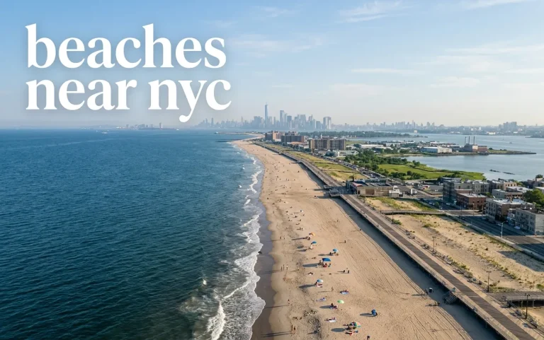 Aerial view of Rockaway Beach Queens NYC with boardwalk and Atlantic Ocean, text reads beaches near nyc