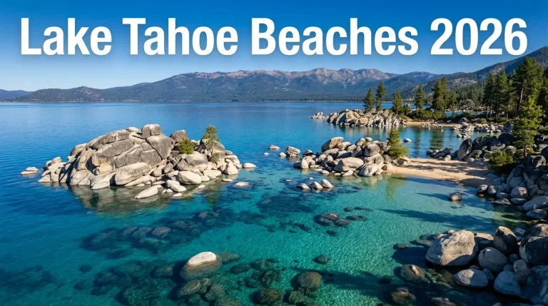 Aerial view of Sand Harbor Beach granite boulders and turquoise water at Lake Tahoe with Lake Tahoe Beaches 2026 article headline text overlay.