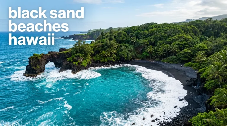 Aerial view of Waianapanapa black sand beach and turquoise water, titled black sand beaches hawaii guide.