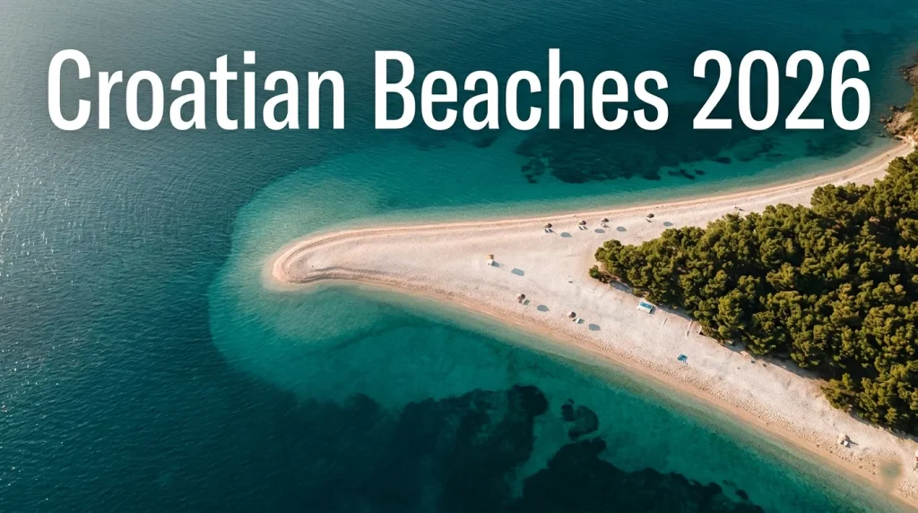 Aerial view of Zlatni Rat Beach pebble spit in turquoise Adriatic Sea on Brač Island Croatia with Croatian Beaches 2026 article headline text overlay.