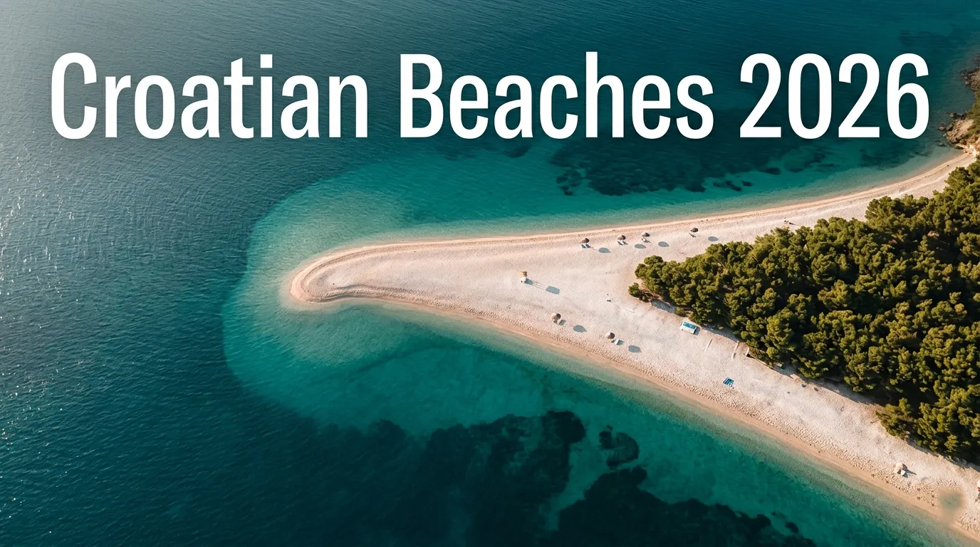 Aerial view of Zlatni Rat Beach pebble spit in turquoise Adriatic Sea on Brač Island Croatia with Croatian Beaches 2026 article headline text overlay.