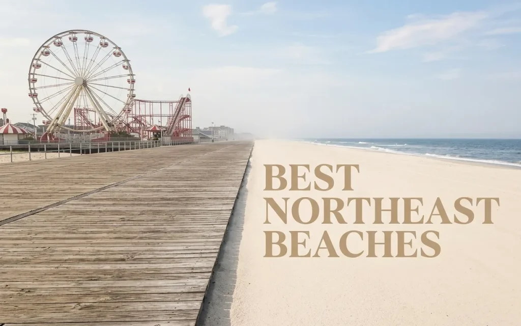 Aerial view of a classic Northeast boardwalk and beach with Best Northeast Beaches text on the sand.