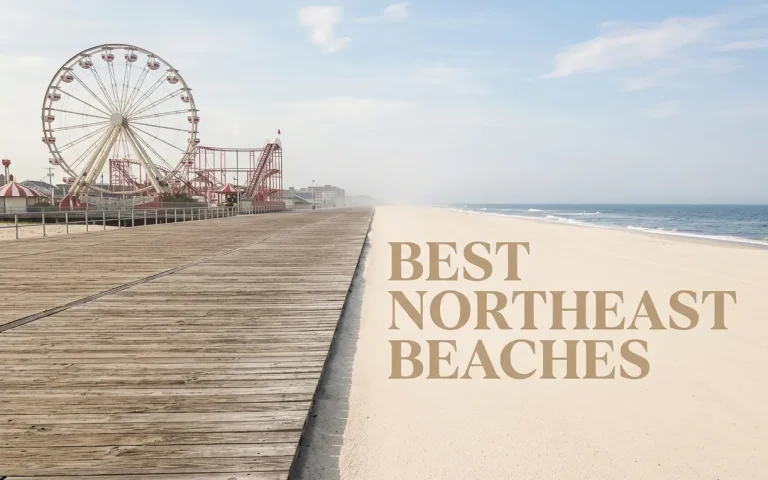 Aerial view of a classic Northeast boardwalk and beach with Best Northeast Beaches text on the sand.