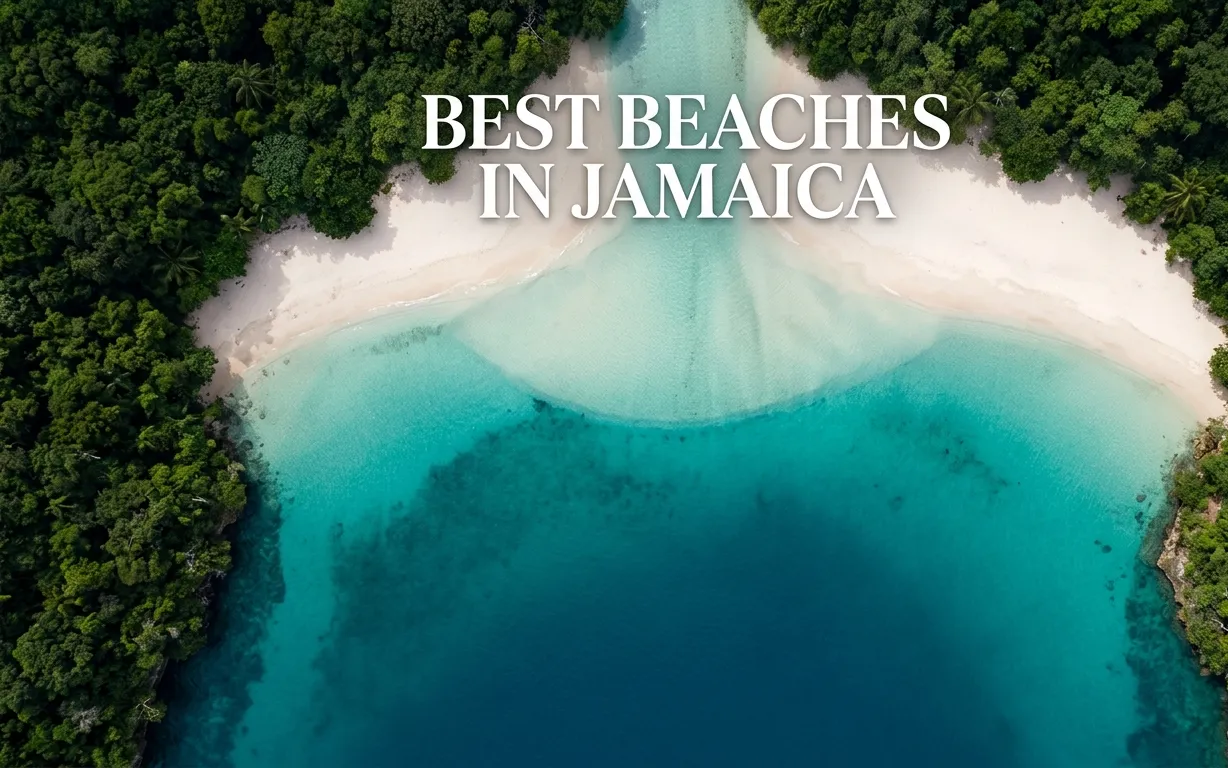 Aerial view of a pristine Jamaican cove with a river meeting the sea and Best Beaches in Jamaica text.