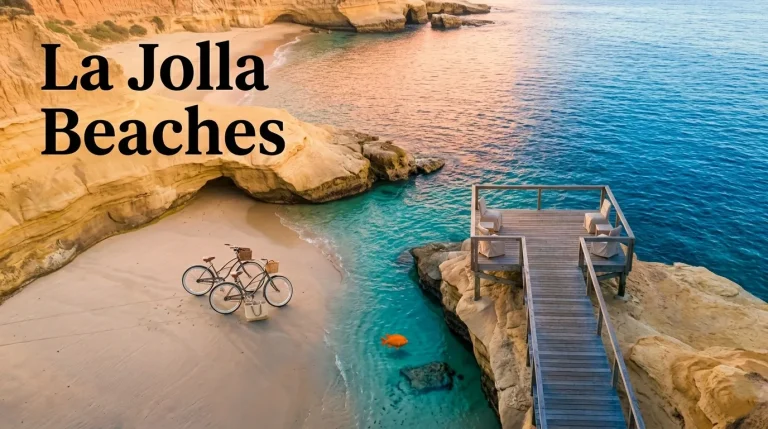 Aerial view of a pristine La Jolla beaches cove with turquoise water, sandstone cliffs, and a garibaldi fish, capturing the essence of the destination.