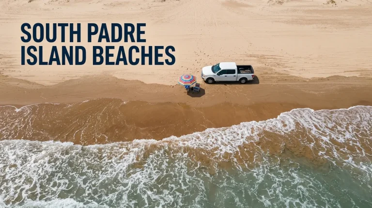 Aerial view of a wide South Padre Island beach with a pickup truck parked at the water's edge and the title SOUTH PADRE ISLAND BEACHES.
