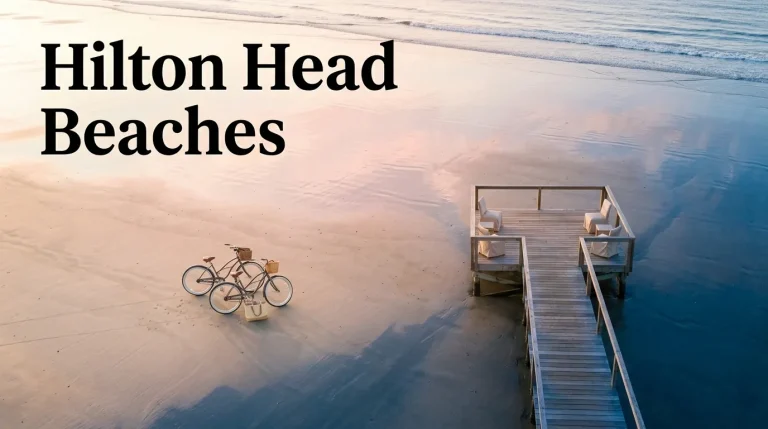 Aerial view of hard-packed Hilton Head beaches at sunrise with beach cruiser bikes, perfect for a family vacation.