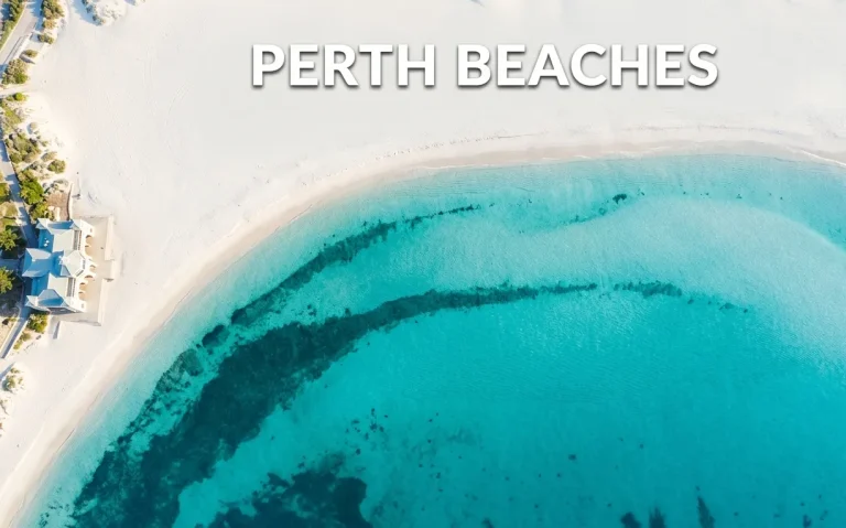 Aerial view of pristine Cottesloe Beach at morning with Perth Beaches text on the white sand.