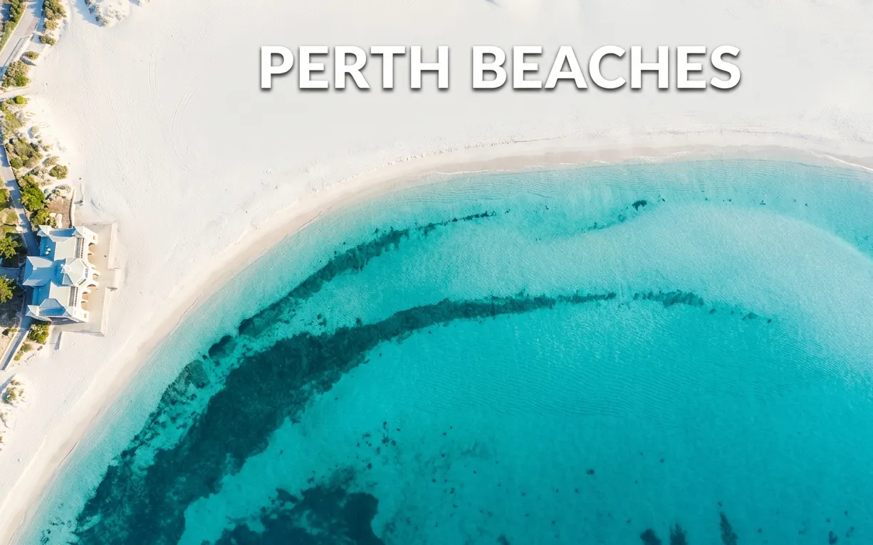 Aerial view of pristine Cottesloe Beach at morning with Perth Beaches text on the white sand.