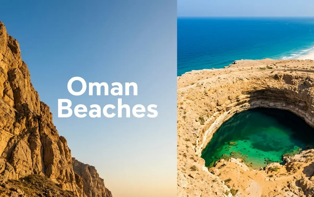 Aerial view of the Bimmah Sinkhole with turquoise water, and the Arabian Sea beach beyond, with Oman Beaches text in the sky.