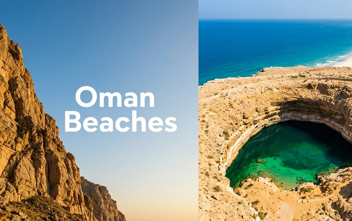 Aerial view of the Bimmah Sinkhole with turquoise water, and the Arabian Sea beach beyond, with Oman Beaches text in the sky.