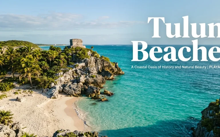 Aerial view of the Tulum Ruins beach with turquoise water and ancient Mayan temple, featuring text Tulum Beaches.