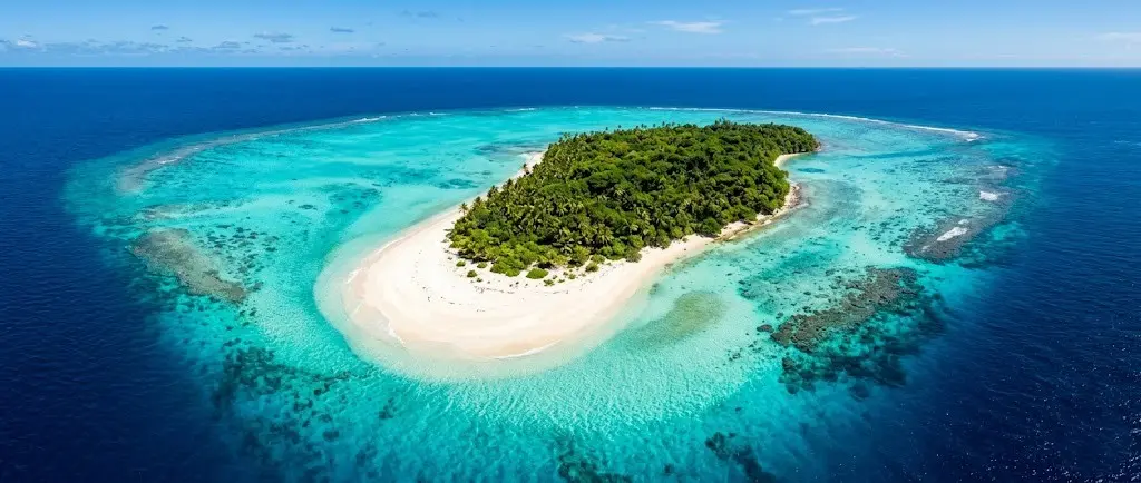 Aerial-view-of-tropical-island-with-beach-and-turquoise-lagoon-from-above