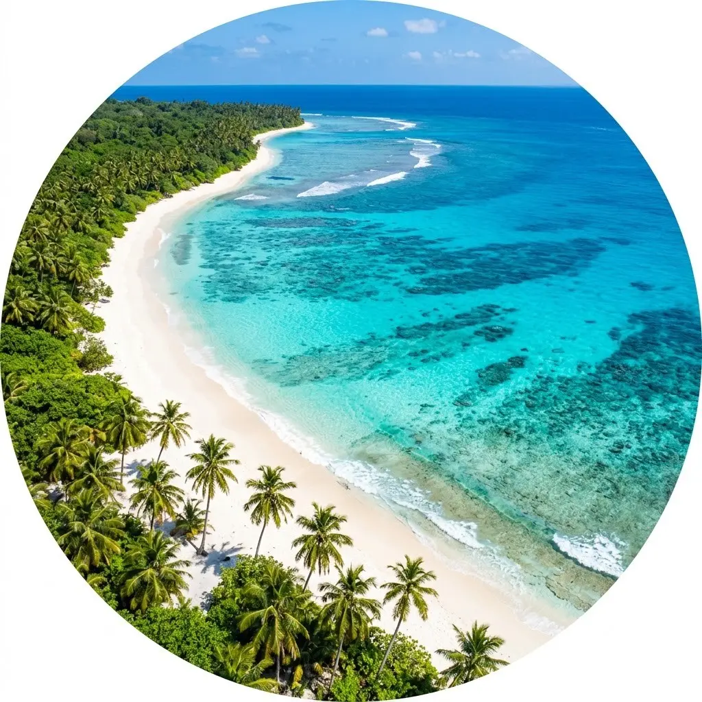 Aerial view of tropical turquoise beach with white sand and crystal clear water