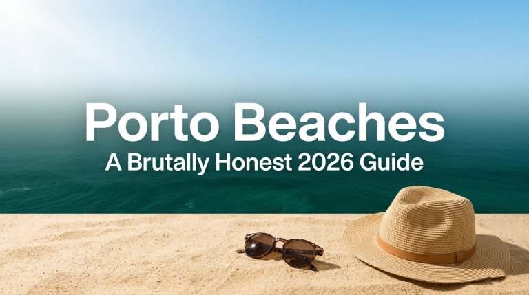 An aerial flat-lay of golden sand and Atlantic teal water for a Porto beaches guide.