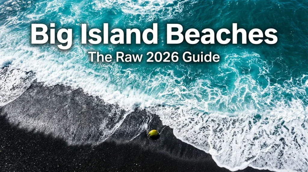 An aerial flat-lay of volcanic black sand and turquoise water for a Big Island beaches guide.