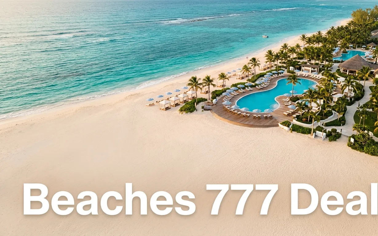 Beaches 777 Deals editorial hero image showing overhead Caribbean resort beach with turquoise water and white sand featuring bold headline text.