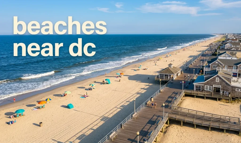 Beaches near DC aerial view of Rehoboth Beach boardwalk and Atlantic Ocean.