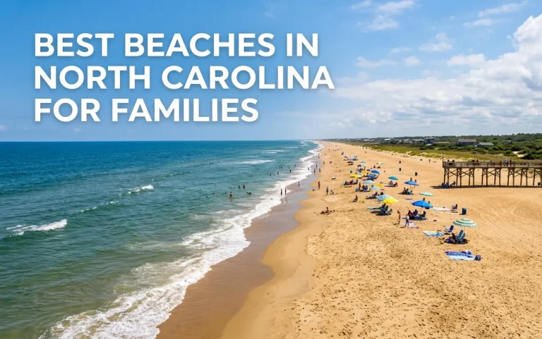 Best Beaches in North Carolina for Families aerial editorial image showing wide sandy beach with pier and summer umbrellas featuring bold headline text.