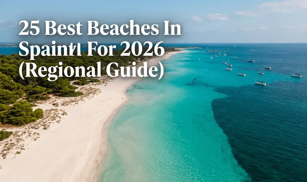 Best beaches in Spain 2026 guide featuring Formentera's Playa de Ses Illetes white sand turquoise water