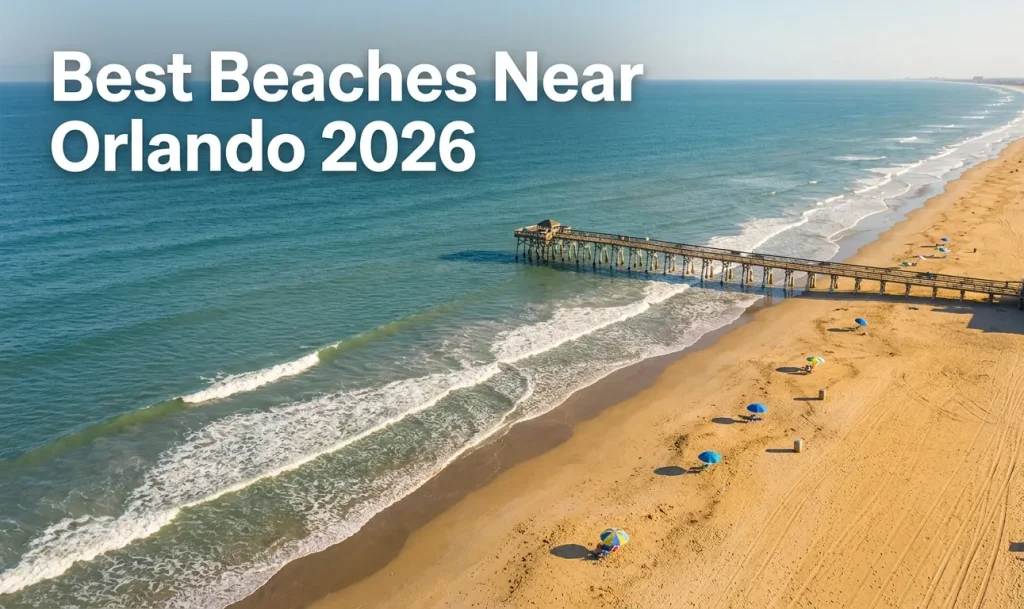 Best beaches near Orlando guide featuring Cocoa Beach aerial view with pier and shoreline