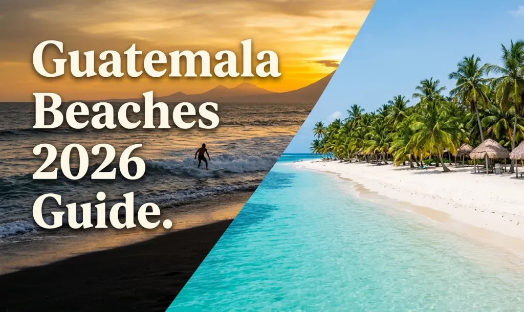Black sand Pacific surf and white sand Playa Blanca at Guatemala beaches 2026