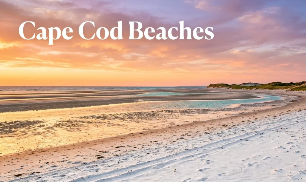 Cape Cod beaches 2026 guide featuring Mayflower Beach tidal flats at sunset