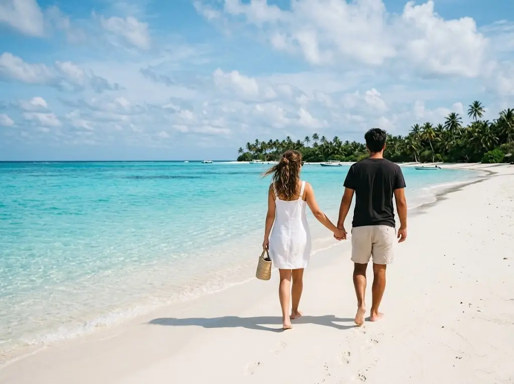 Couple walking barefoot on a tropical white-sand beach with turquoise ocean
