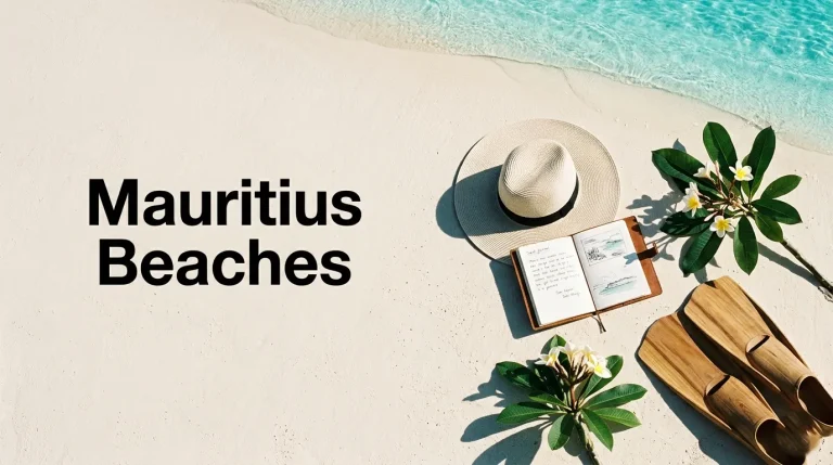 Flat-lay image of Belle Mare's white sand and turquoise lagoon with text Mauritius Beaches on open space, tropical hat and snorkeling gear.