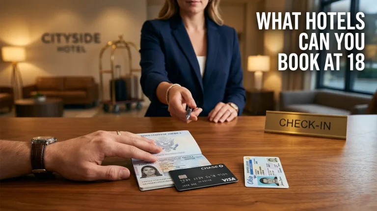 Flat-lay of passport and credit card at hotel check-in desk, titled what hotels can you book at 18.