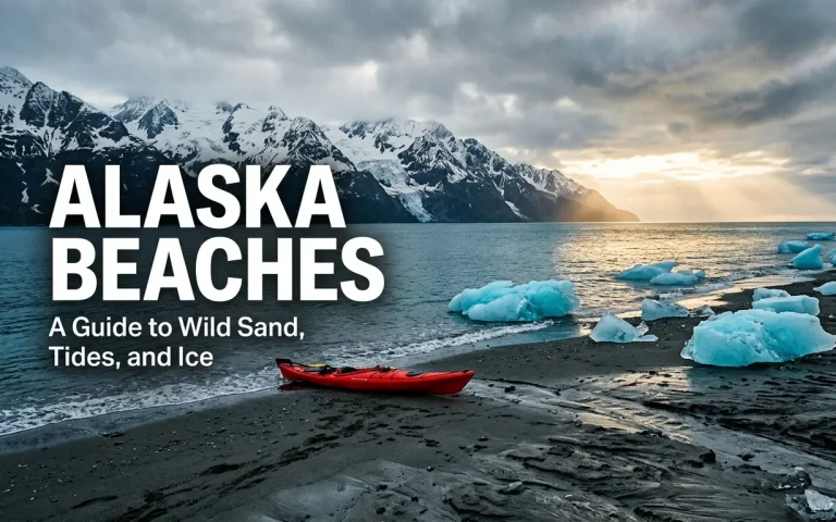 Glacial icebergs and a kayak on a gray sand .