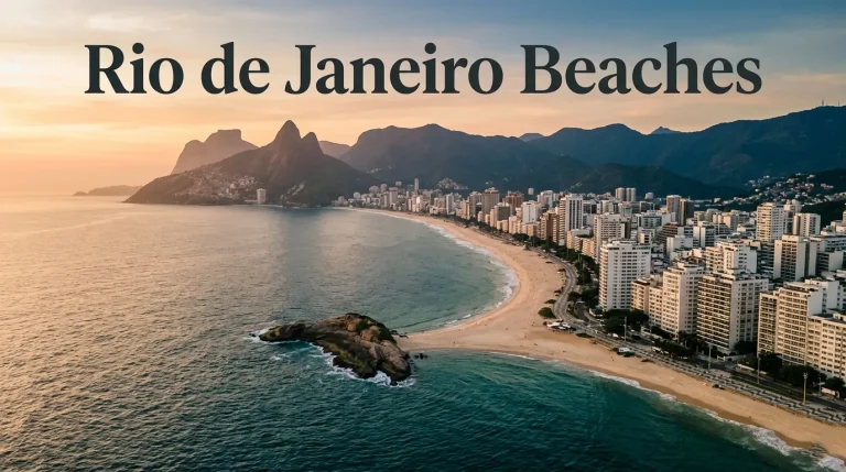Golden hour aerial view of Ipanema Beach and Arpoador rock in Rio de Janeiro with the Dois Irmãos mountains in the background.