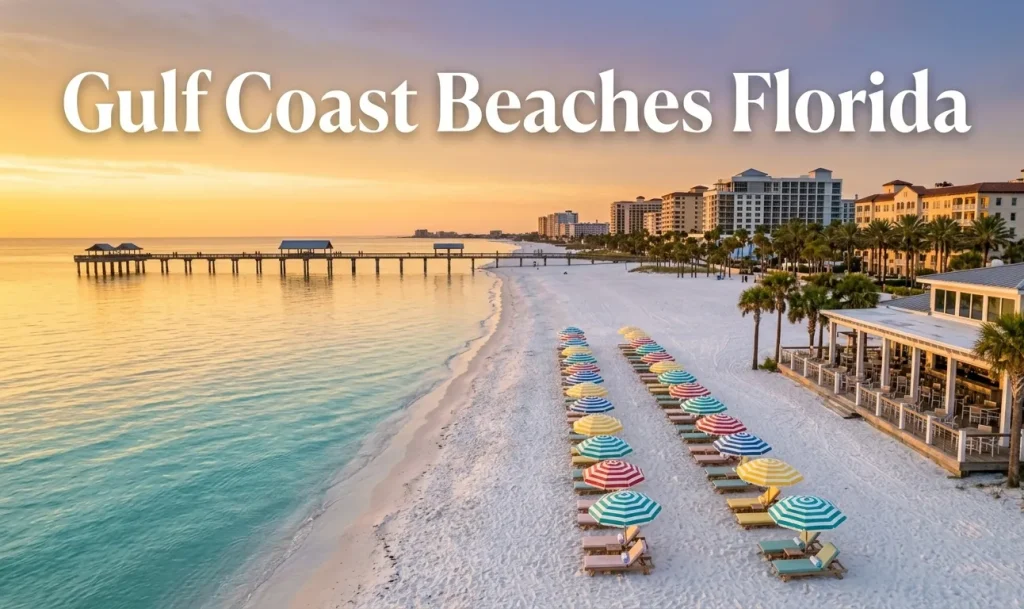 Gulf Coast beaches Florida 2026 guide featuring Clearwater Beach at sunset