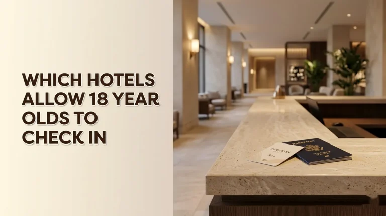 Hotel front desk scene illustrating which hotels allow 18 year olds to check in.