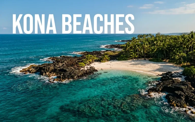 Kona Beaches aerial editorial image showing volcanic coastline with white sand cove and turquoise Pacific water featuring bold headline text.