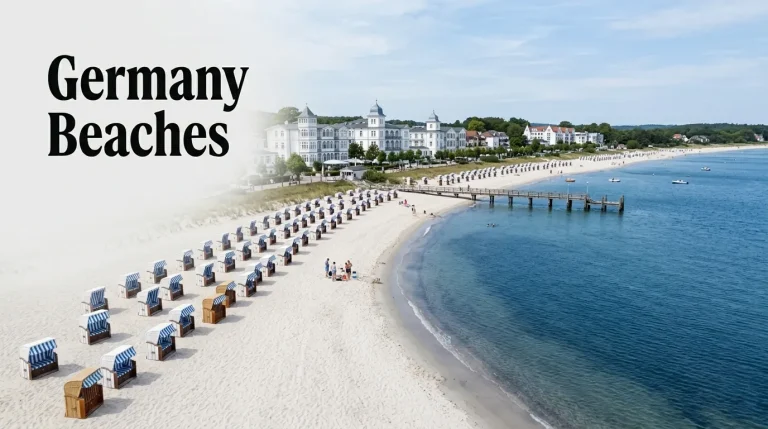 Landscape photo of Binz Beach on Rügen Island with strandkorbs, with text Germany Beaches overlaid on the sand.