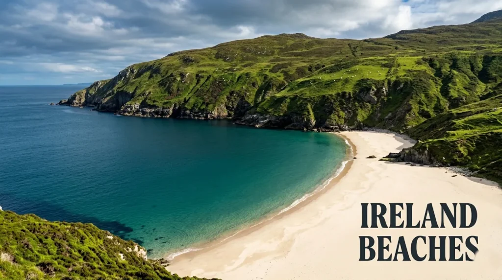 Landscape photo of Keem Bay beach on Achill Island, Ireland, with text Ireland Beaches overlaid.