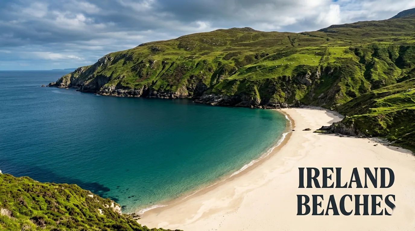 Landscape photo of Keem Bay beach on Achill Island, Ireland, with text Ireland Beaches overlaid.