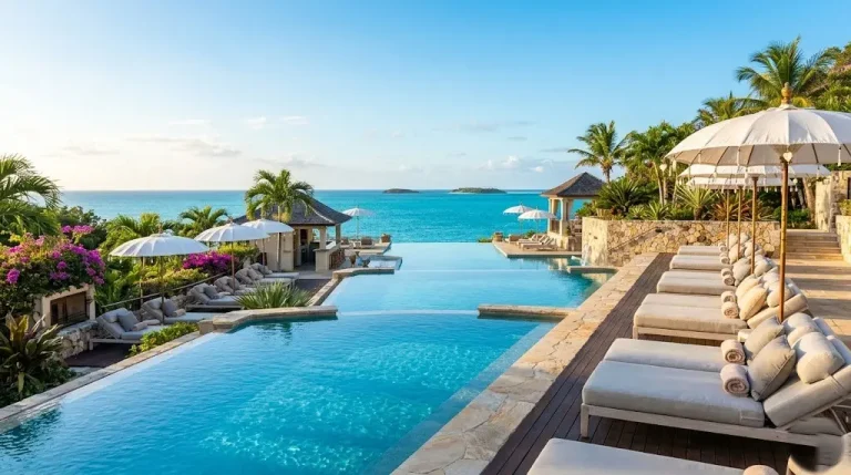 Luxury-all-inclusive-beach-resort-pool-with-ocean-view-and-palm-trees