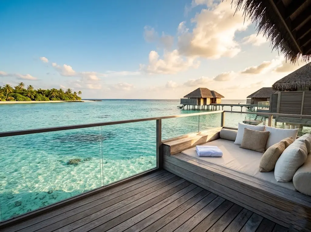 Luxury overwater bungalow private deck with turquoise ocean view and horizon