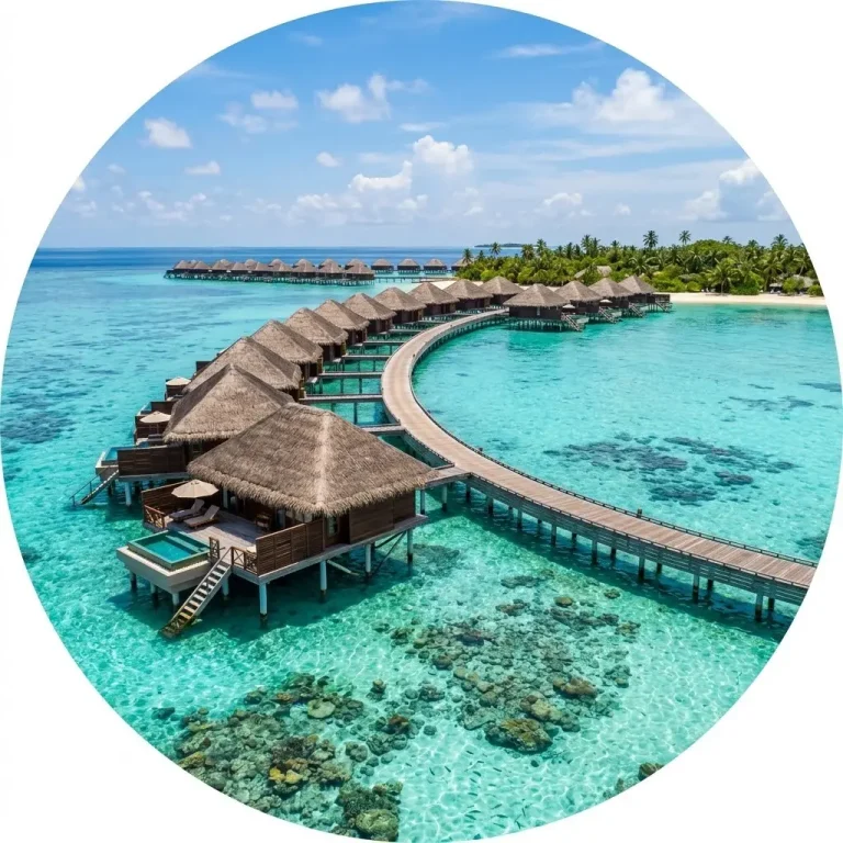 Luxury-overwater-bungalow-resort-with-clear-turquoise-ocean-water-below