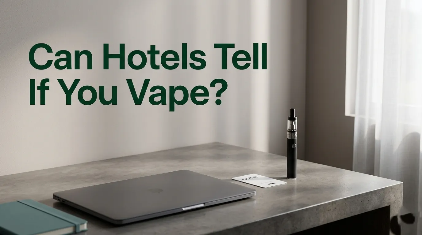 Modern hotel desk with a vape device and a bold headline reading Can Hotels Tell If You Vape as a featured editorial image.