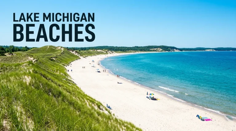 Oval Beach Saugatuck turquoise water and bright white sugar-sand curving around grassy dunes with text Lake Michigan Beaches.