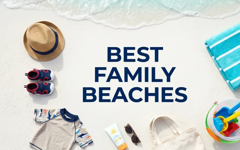 Overhead flat lay of a calm family beach scene with a child's hat, water shoes, and bucket, featuring text Best Family Beaches.