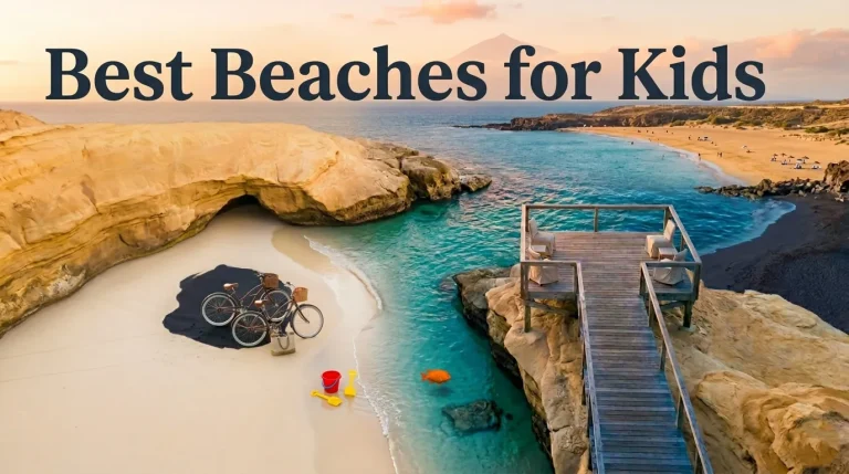 Overhead flat-lay of a calm, shallow turquoise beach with children's sand toys, representing the best beaches for kids in 2026.