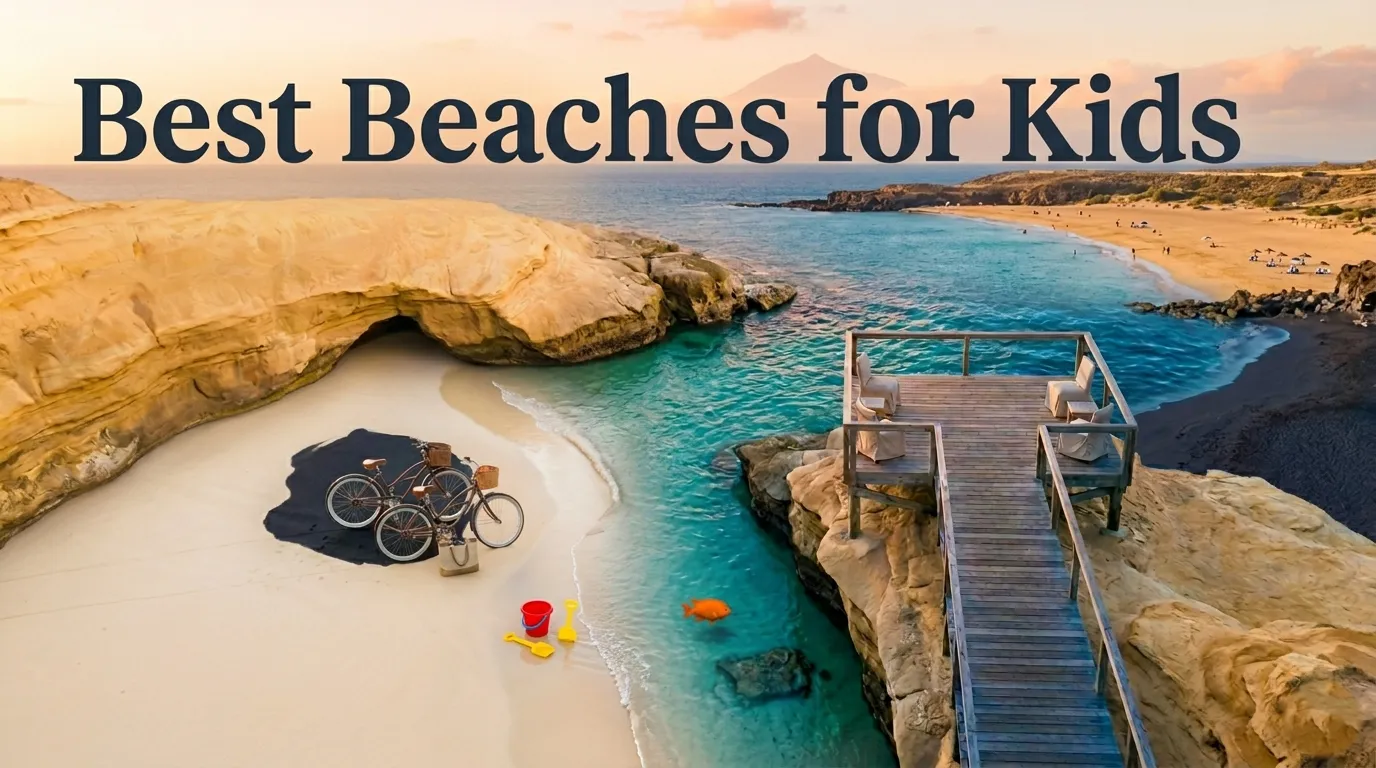 Overhead flat-lay of a calm, shallow turquoise beach with children's sand toys, representing the best beaches for kids in 2026.